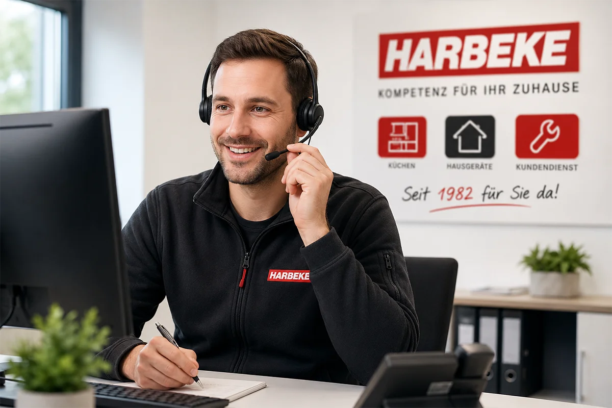 fragen Harbeke • Kundenservice-Mitarbeiter am PC mit Headset bei HARBEKE.