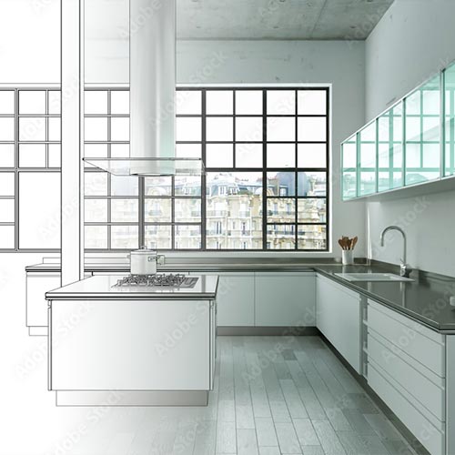 planungsbogen Harbeke • Moderne Küche mit großem Fenster und eleganter Holzverarbeitung.