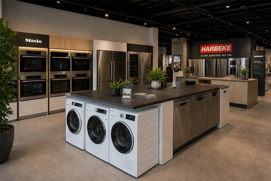 standgeraete Harbeke • Moderne Küchenausstellung mit Waschmaschinen und hochwertigen Geräten.